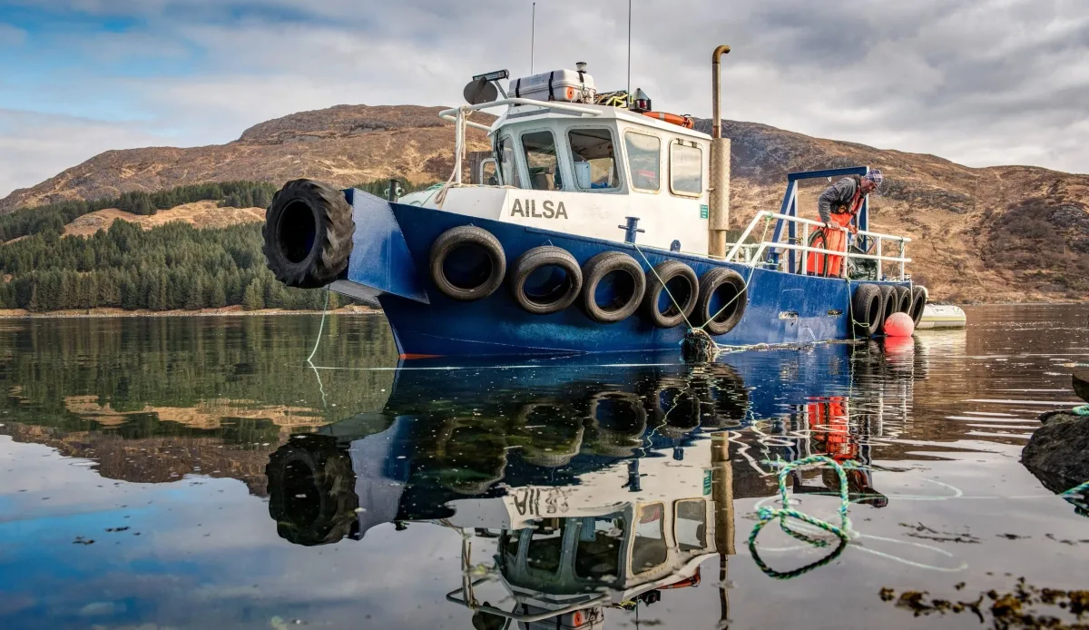 The work boat Ailsa moored, a crew member on deck